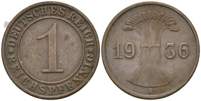 Германия 1 рейхспфенниг 1936 A KM 37, J. 313 бронза 4528-1226