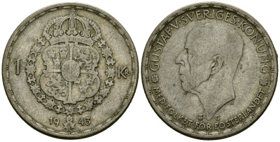 Швеция 1 крона 1943 G, Густав V (1907-1950) KM 814 серебро 4177-946