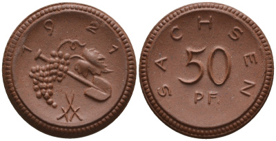 Саксония 50 пфеннигов 1921 виноград и лопата J. N 54 фарфор UNC 1094-8-51