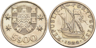 Португалия 5 эскудо 1984 парусник KM 591 медно-никель    4161-816
