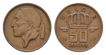 Бельгия 50 сантимов 1957 Belgie KM 149 бронза 4684-761