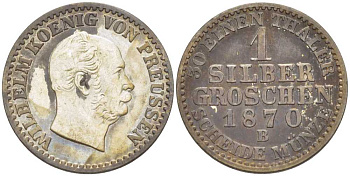 ПРУССИЯ 1 ГРОШ 1870 В, ВИЛЬГЕЛЬМ I (1861-1888) KM 485 серебро 206-261