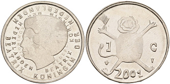 Нидерланды 1 гульден 2001 прощай гульден, детский рисунок, лев с флагом в руках KM 233 никель 4143-1214