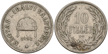 Венгрия 10 филлеров 1893 KB, Франц Иосиф I (1848-1916) KM 482 никель 4151-1048