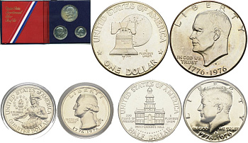 США набор из 3 монет 1976 S, 200 лет независимости (1776-1976), в оригинальном буклете, дайм, квотер, доллар KM серебро PROOF 00-00