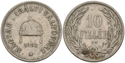 Венгрия 10 филлеров 1893 KB, Франц Иосиф I (1848-1916) KM 482 никель 4151-1048