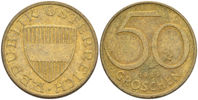 Австрия 50 грошей 1989 KM 2885 алюминиевая бронза aUNC 4116-941