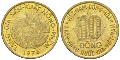 Южный Вьетнам 10 донгов 1974 KM 13 сталь плакированная латунью aUNC 4121-1235