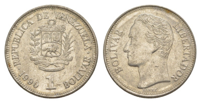 Венесуэла 1 боливар 1990 Симон Боливар, толстый шрифт Y 52a.2 сталь плакированная никелем 4591-844