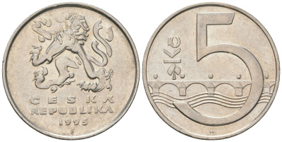 Чехия 5 крон 1995 b’, чешский лев, Карлов мост KM 8 сталь плакированная никелем aUNC 4592-135