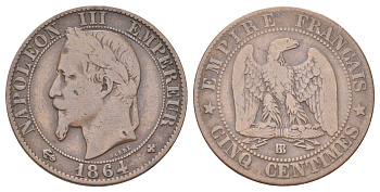 Франция 5 сантимов 1864 BB, Наполеон III (1852-1870) KM 797.2, Le Franc 117.12 бронза 4707-1031