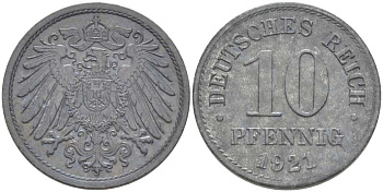ГЕРМАНИЯ 10 ПФЕННИГОВ 1921 (1917-1922) KM 26, J. 299, Weege 8 цинк 210-255