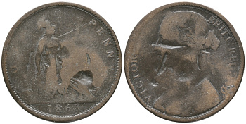 Великобритания 1 пенни 1863 Виктория (1837-1901) KM 749.2, Spink 3954 бронза 32-413