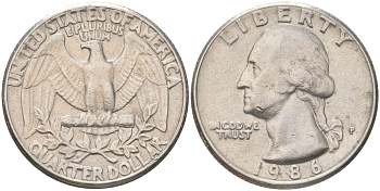 США 25 центов = квотер = 1/4 доллара 1986 P, Вашингтон KM 164a медь плакированная медно-никелем 4159-542