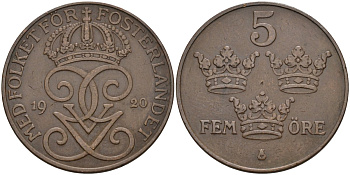 Швеция 5 эре 1920 Густав V (1907-1950) KM 779.2 бронза 4591-414