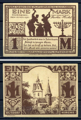 Падерборн (Вестфалия) 1 марка 1921 Бусдорфская церковь DeNG 1/2 1043.5-4/5 картон UNC (пресс) 7556-2-3-2