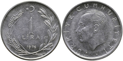 Турция 1 лира 1976 Мустафа Кемаль Ататюрк KM 889а.2 нержавеющая сталь 4541-523
