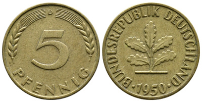 ФРГ 5 ПФЕННИГОВ 1950 D KM 107, J. 382 сталь плакированная латунью 26-1112