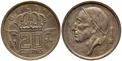 Бельгия 20 сантимов 1954 Belgie, Бодуэн I (1951-1993) KM 147.1 бронза 4392-851
