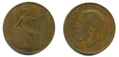 Великобритания 1 пенни 1921 Георг V (1910-1936) KM 810, Spink 4051 бронза 41-441