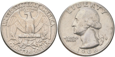 США 25 центов = квотер = 1/4 доллара 1986 P, Вашингтон KM 164a медь плакированная медно-никелем 4159-542