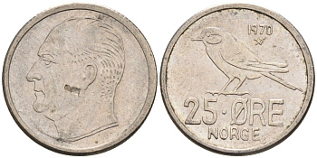 Норвегия 25 эре 1970 Улаф V (1958-1991), синица KM 407 медно-никель 4580-1039
