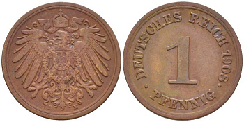 ГЕРМАНИЯ 1 ПФЕННИГ 1908 E KM 10, J. 10, Weege 2 медь 211-367