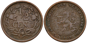 Нидерланды 1/2 цента 1909 Вильгельмина (1890-1948) KM 138 бронза 4169-1221