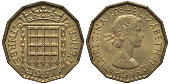 Великобритания 3 пенса 1967 Елизавета II (1952-2022) KM 900, Spink 4153 никель латунь 4538-1136