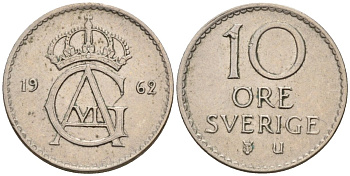 Швеция 10 эре 1962 Густав VI Адольф (1950-1973) KM 835 медно-никель 4585-363