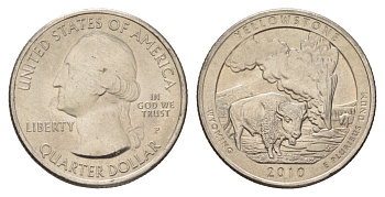 США 25 центов (квотер, 1/4 доллара) 2010 P, Квотеры «Парки США» - Национальный парк Йеллоустоун KM 470 медь плакированный медно-никелем UNC 4629-215