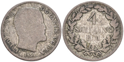 Дания 4 скиллинга 1854 RM, Фредерик VII (1848-1863) KM 758.1 (С136.1) серебро 192-163