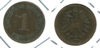 ГЕРМАНИЯ 1 ПФЕННИГ 1876 A, СТАРОГЕРБОВКА KM 1, J. 1 медь 701-111