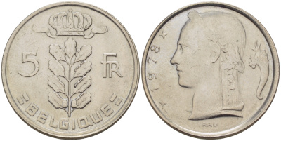БЕЛЬГИЯ 5 ФРАНКОВ 1978 BELGIQUE KM 134.1 медно-никель 67-637