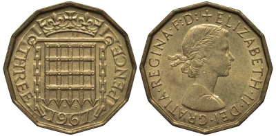 Великобритания 3 пенса 1967 Елизавета II (1952-2022) KM 900, Spink 4153 никель латунь 4538-1136