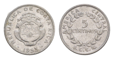 Коста-Рика 5 сентимо 1953 KM 184.1a нержавеющая сталь UNC 4644-318