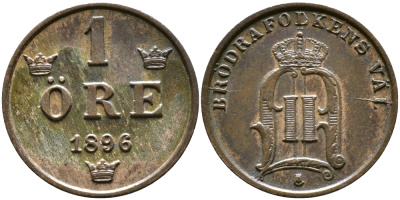 Швеция 1 эре 1896 Оскар II (1872-1907) король Швеции и Норвегии KM 750 бронза 176-859
