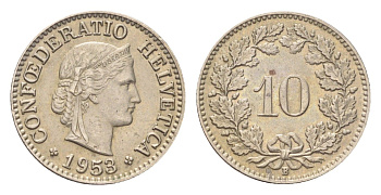Швейцария 10 раппенов 1953 B KM 27 медно-никель 4708-166