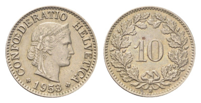 Швейцария 10 раппенов 1953 B KM 27 медно-никель 4708-166