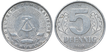 ГДР 5 ПФЕННИГОВ 1968 A KM 9.1 алюминий UNC 62-226