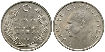 ТУРЦИЯ 100 ЛИР 1988 KM 967 медь никель цинк 3334-325