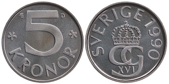 Швеция 5 крон 1990 D, Карл XVI Густав (1973- ) KM 853 медно-никель BUNC 41-335