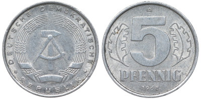 ГДР 5 ПФЕННИГОВ 1968 A KM 9.1 алюминий UNC 62-226