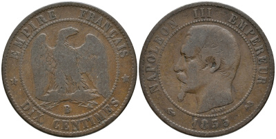 ФРАНЦИЯ 10 САНТИМОВ 1855 В, НАПОЛЕОН III (1852-1870) KM 771.2, LE FRANC 133.21 бронза 32-921