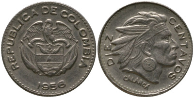 Колумбия 10 сентаво 1956 KM 212.2, Restrepo 380.6 медно-никель 4576-1016