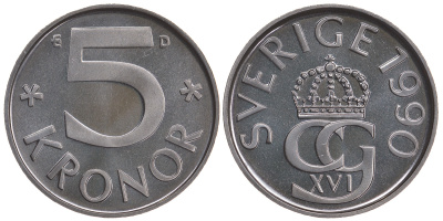 Швеция 5 крон 1990 D, Карл XVI Густав (1973- ) KM 853 медно-никель BUNC 41-335