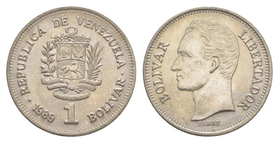 Венесуэла 1 боливар 1989 Симон Боливар, тонкий шрифт Y 52a.1 сталь плакированная никелем 4589-451