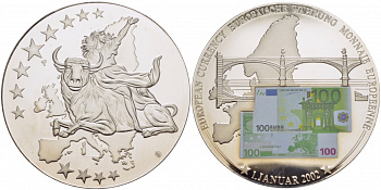 НИДЕРЛАНДЫ МЕДАЛЬ 2002 ПОХИЩЕНИЕ ЕВРОПЫ, КУПЮРА 100 ЕВРО, СЕРЕБРЕНИЕ, ЦВЕТНАЯ ЭМАЛЬ, ДИАМЕТР 50 ММ. ВЕС 54 ГР. медно-никель PROOF 01-237-34