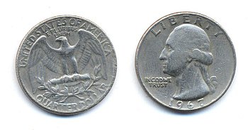 США 25 центов (квотер) 1967 Вашингтон KM 164a медь плакированная медно-никелем 35-1416