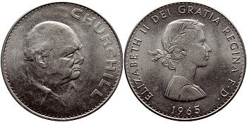 Великобритания 1 крона (5 шиллингов) 1965 Уинстон Черчилль, Елизавета II (1952-2022) KM 910, Spink 4144 медно-никель    4368-621